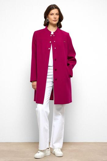 Olcay Judge Collar Robe Rib Detailed Coat Fuchia 3034