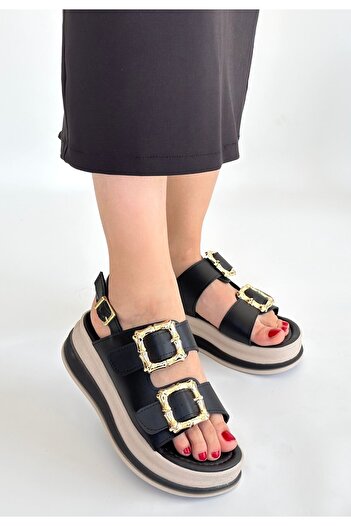 pabucmarketi Black Faux Leather Women's Flat Sandals