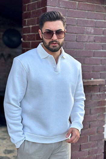 GUARAZ Men's White Polo Neck Cotton Soft Thick Fabric Oversize Sweatshirt