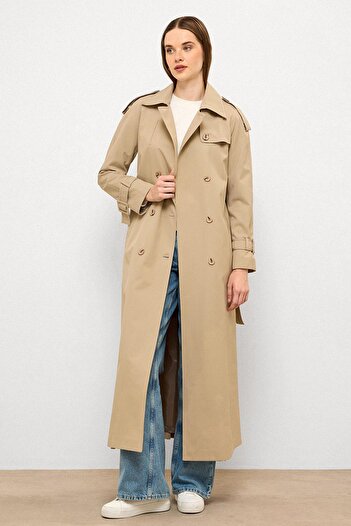Olcay Water Repellent Long Trench Coat with Grosgrain Detail Beige 6778