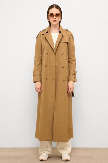 Olcay Water Repellent Long Trench Coat with Grosgrain Detail Kamel 6778