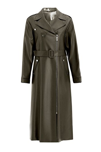 Olcay Low Sleeve Zipper Closure Oversize Leather Trench Coat Khaki 6759