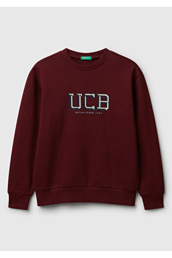 United Colors of Benetton Boy's Burgundy Regular Fit Sweatshirt with Logo Print on Front and Crew Neck