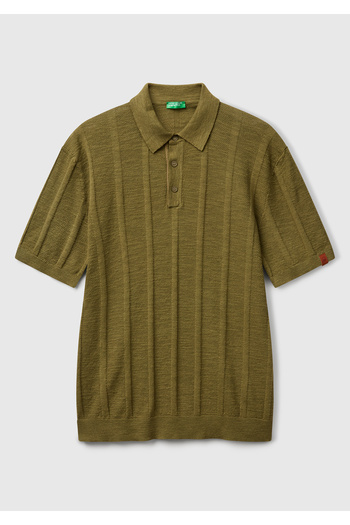United Colors of Benetton Men's khaki linen blended contrast buttoned regular fit polo neck sweater