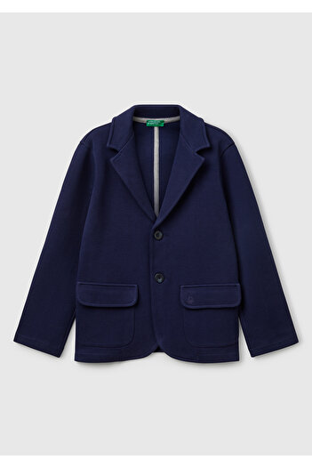 United Colors of Benetton Boy's Navy Blue Logo Embroidered Patch Pocket Blazer Jacket