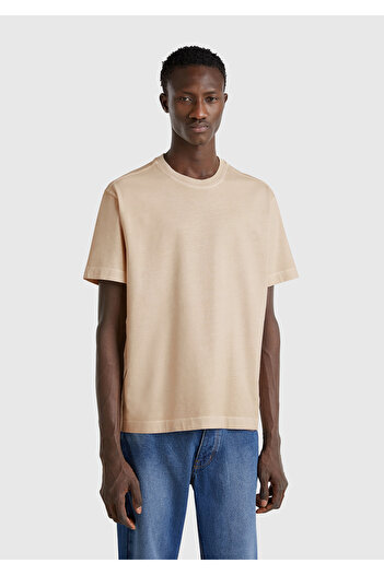 United Colors of Benetton Men's Stone Color 100% Cotton Logo Printed Relax Fit T-Shirt