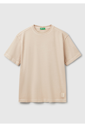 United Colors of Benetton Men's Stone Color 100% Cotton Logo Printed Relax Fit T-Shirt