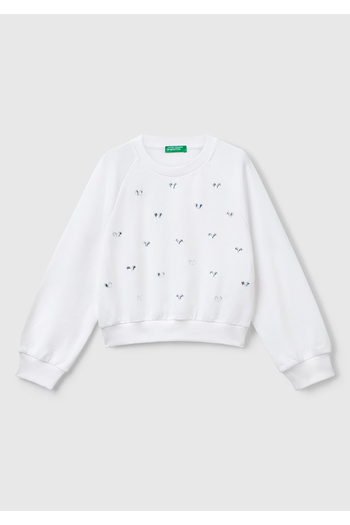 United Colors of Benetton Girl's White Ribbed Crew Neck Sweatshirt with Stone Detail on the Front