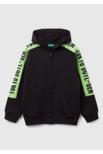 United Colors of Benetton Boy's Black Sleeves Print Stripe Detailed Zippered Hooded Sweatshirt