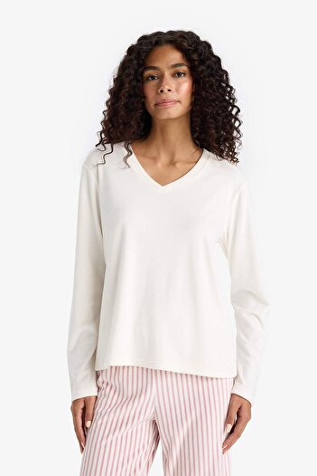 DeFacto Fall in Love Pijama Takım V Yaka Basic Düz Uzun Kollu Velur Üst Çizgili Beli Lastikli Alt A6205AX2