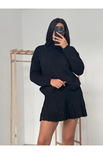 Mooi Butik RORY Set 2585 - Pulover cu gât și fustă plisată - Negru