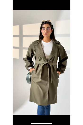MY QILAM Number 10 Fashion Women's Waist-Tied Khaki Balloon Sleeve Trench Standard Size (between 38/44)