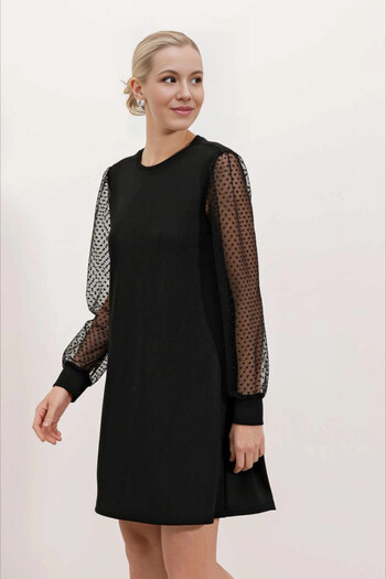 hazelin Black Tulle Sleeve Mini Dress - Crew Neck Hzl24s-bd 124671
