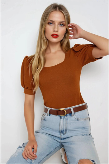 hazelin Women's Tan Square Neck Knitted Blouse Hzl22W-Bd104091