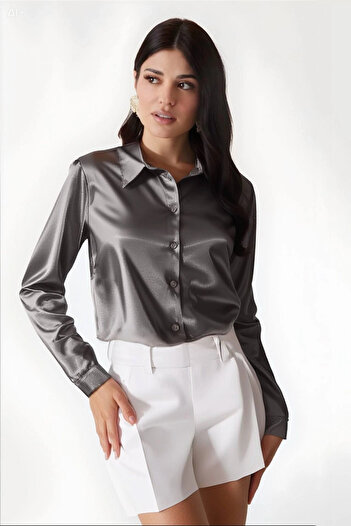 hazelin Women's Anthracite Lightly Draped Satin Surface Shirt Hzl22w-bd139641
