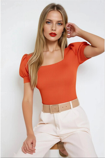hazelin Woman's Orange Square Neck Knitted Blouse Hzl22w-bd104091