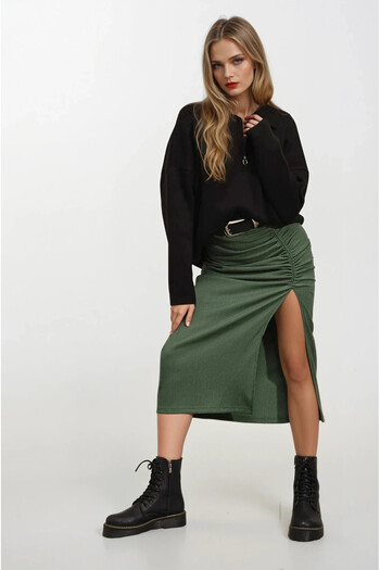 hazelin Women's Emerald Green Elastic Waist Slit Long Skirt Hzl22S-Bd118801