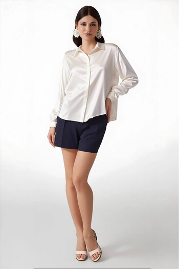 hazelin Women's Cream Lightly Draped Satin Surface Shirt Hzl22w-bd139641