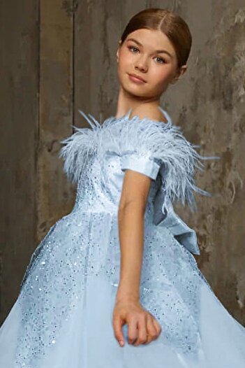 By Feyza Kids Collection Kız Çocuk Abiye Elbise Kabarık Taş Süslemeli Pullu Prenses Model – Pembe Beyaz Mavi – 7-14 Yaş