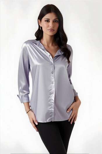 hazelin Women's Gray Light Flowy Satin Surface Shirt Hzl22W-Bd139641