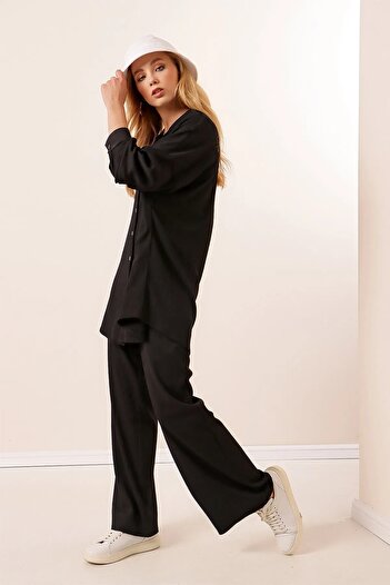 hazelin Women's Black Oversize Top and Bottom Double Knitted Set Hzl23W-Bd158581
