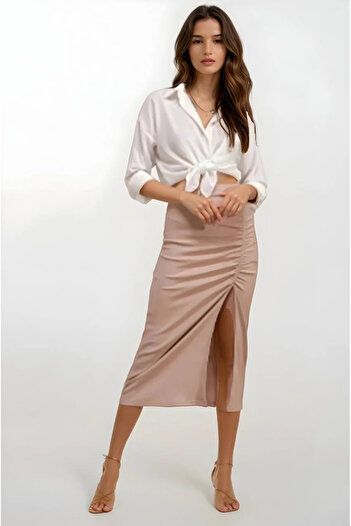 hazelin Women's Beige Elastic Waist Slit Long Skirt Hzl22S-Bd118801