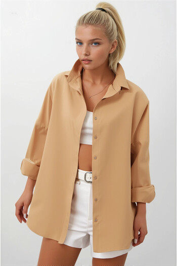 hazelin Women's Camel Oversize Long Basic Shirt Hzl22W-Bd139001