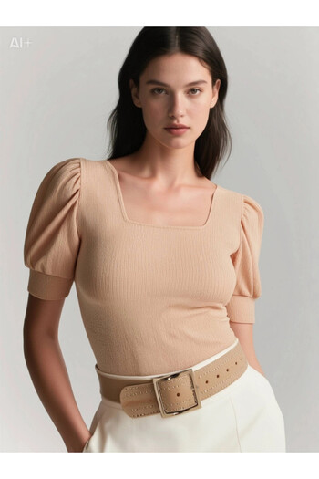 hazelin Women's Biscuit Square Neck Knitted Blouse Hzl22W-Bd104091