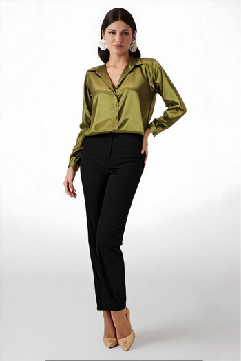hazelin Women's Oil Green Light Flowy Satin Surface Shirt Hzl22W-Bd139641