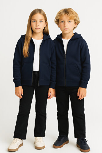 AHENGİM Girls - Boys Basic Zippered Thick 3 Thread Winter School Sweat Ak1815