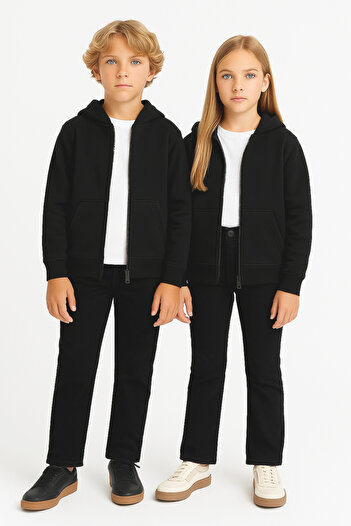 AHENGİM Girls - Boys Basic Zippered Thick 3 Thread Winter School Sweat Ak1815