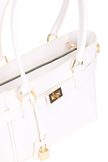 NOTHING Women's White Belt and Lock Charm Detailed Zipper Closure Hand and Shoulder Bag Lotus