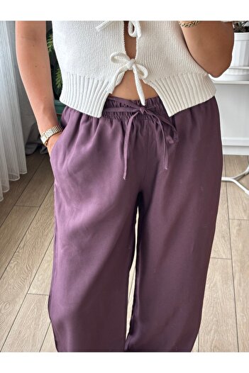 Store Yüksek Bel Wide Leg/Geniş Paça Beli Lastikli Dökümlü Kumaş Rahat Pantolon