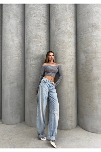 İLKCET MODA Çizgili Gri Ottoman Kumaş Madonna Crop