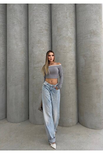 İLKCET MODA Çizgili Gri Ottoman Kumaş Madonna Crop