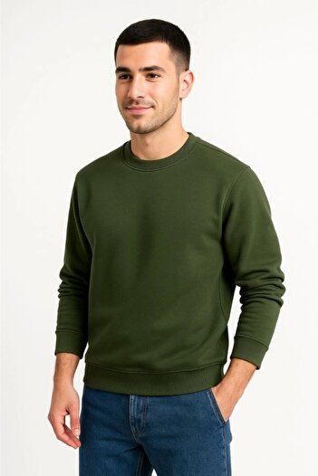 ELLA Men's Three Thread Plain Crew Neck Sweatshirt - Khaki