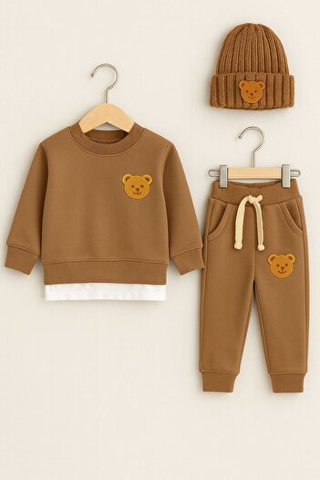 ŞAPKAKİDS Teddy Milk Coffee 3-Piece Tracksuit Set