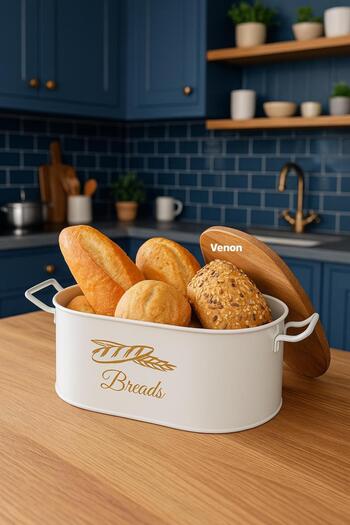 VENON HOME MAMBO White Wooden Bread Box with Cut Board and Handle
