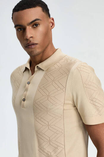 Hemington Silk Blend Open Beige Knitwear Polo with Openwork Knit Detail