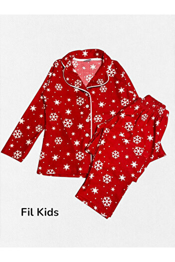 Fil Kids Mother-Daughter Pajama Set Cotton Fabric Suede Red Snowflake Patterned Piping Shirt Collar