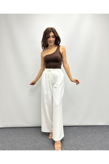 deqfashion White Front Pleated Lace up Back Belt Elastic Palazzo Trousers