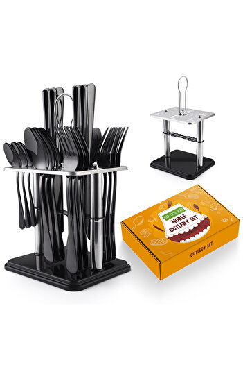 Trendy's 24-piece stainless steel cutlery set, with stand, TRENDY'S, black