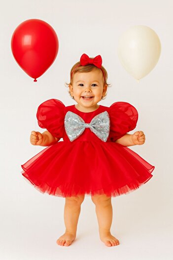 Hobidik Red Gray Sequin Bow Organza Girls Party Dress