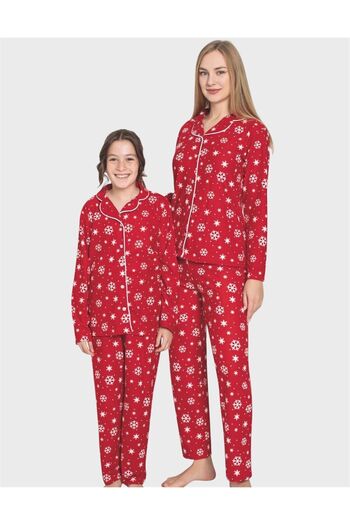 ALİŞ KİDS Mother-Daughter Cotton Fabric Suede Red Snow Patterned Shirt Collar Buttoned Pajama Set