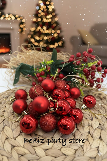 Deniz Party Store 3 Cm Wide 24 Pieces Red Christmas Tree Ornament Cici Ball