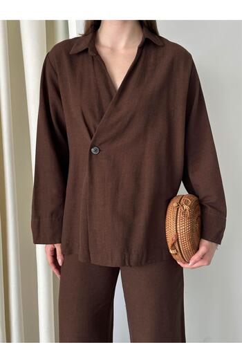 Laluvia Brown 100% Cotton Double Breasted Closure Single Button Kimono Pants Set