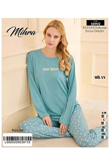 Mihra Turkuaz Renkli Milan Kumaş Sıfır Yaka Uzun Kollu Kadın Pijama Takımı