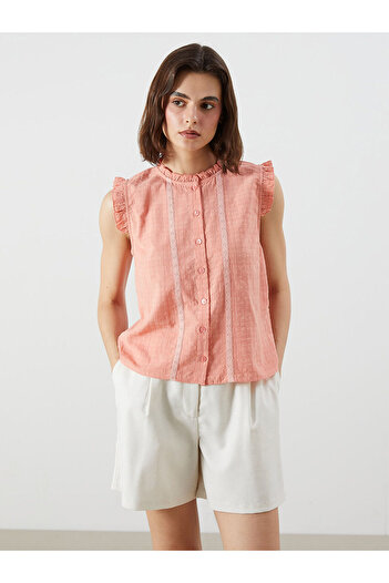 LC Waikiki Crew Neck Embroidered Ruffle Voile Blouse