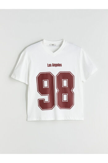 LC Waikiki Winter Collection V-Neck Los Angeles Special Design Printed Oversize Women's T-Shirt City