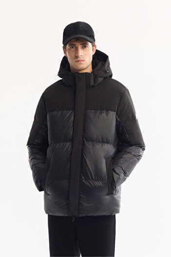 Avva Men's Black Fake Fur Hooded Fiber Coat A52Y6107